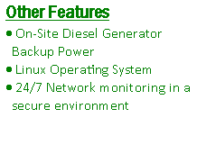 Text Box: Other Features On-Site Diesel Generator Backup Power Linux Operating System 24/7 Network monitoring in a secure environment